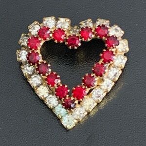 Vintage Hearts Double Romantic Ruby Red & Clear Rhinestone Brooch